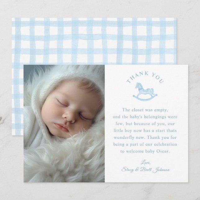 Blue Gingham Boy Shower Photo Tackyou Card Tack Kort (Fram/baksida)