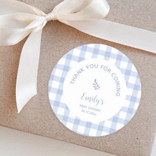 Blue Gingham Boy Shower Tack för att komma Runt Klistermärke