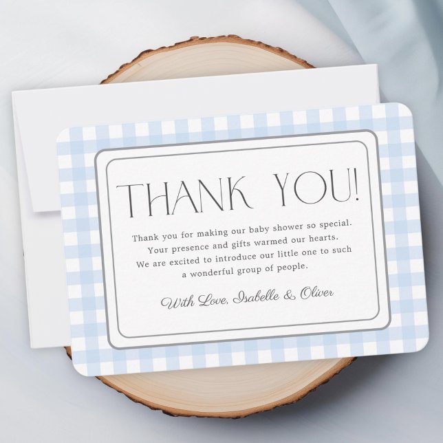 Blue Gingham Boy Shower Tack för ditt kort (Blue Gingham Boy Baby Shower Thank You Card)