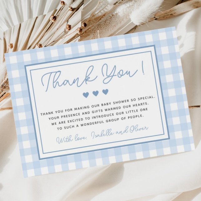 Blue Gingham Boy Shower Tack för ditt kort (Blue Gingham Boy Baby Shower Thank You Card)