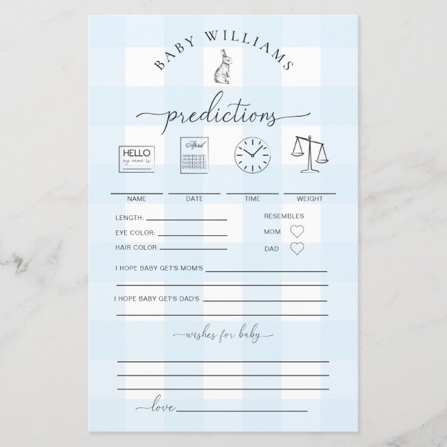 Blue Gingham Bunny Baby Predictions Game (Framsida)