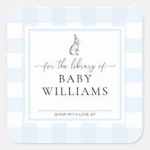 Blue Gingham Bunny för Bibliotek vid bokplattan Fyrkantigt Klistermärke