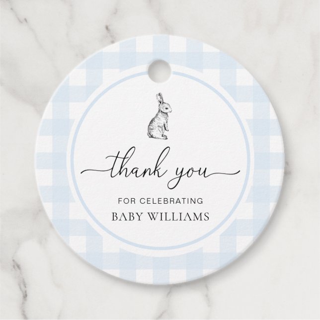 Blue Gingham Bunny Rabbit Baby Shower Gåvor Etiketter (Framsida)