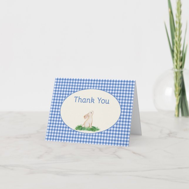 Blue Gingham Bunny Thank you Note Tack Kort (Framsida)