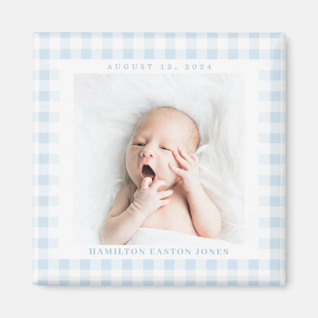 Blue Gingham Check Baby Birthdate Magnet (Framsidan)
