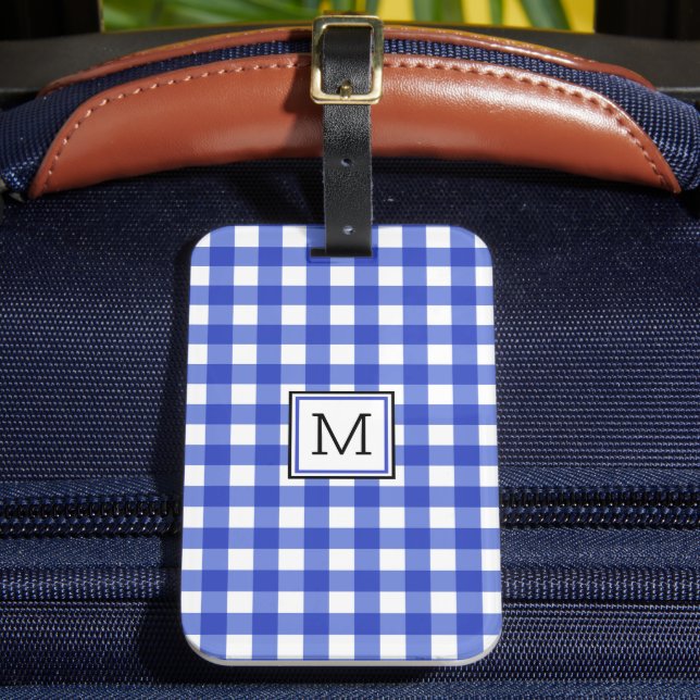 Blue Gingham Check Monogram Bagagebricka (Framsida Insitu 2)