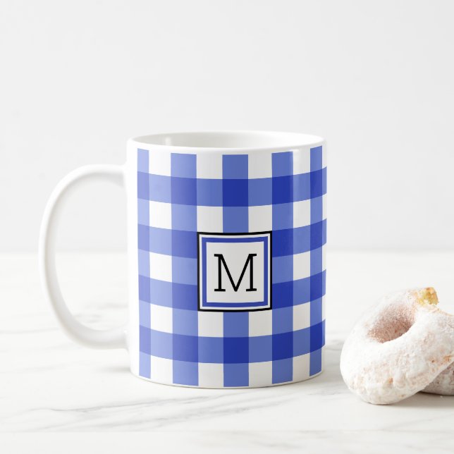 Blue Gingham Check Monogram Kaffemugg (Med munk)
