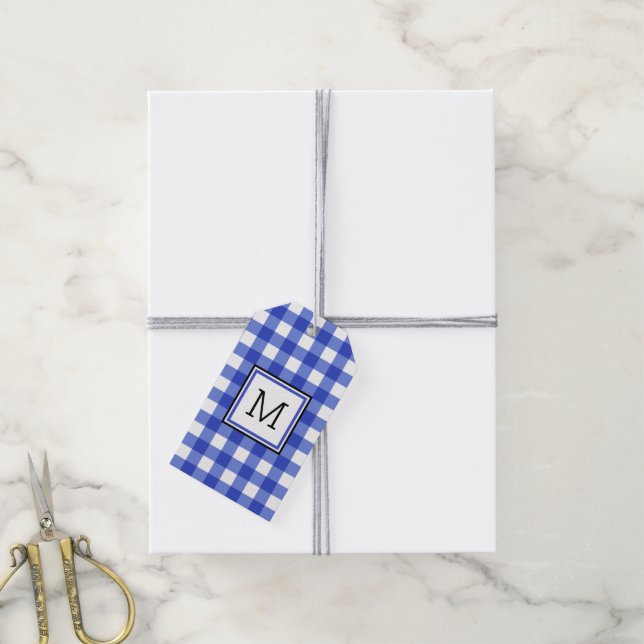 Blue Gingham Check Monogram Presentetikett (Med Snöre)