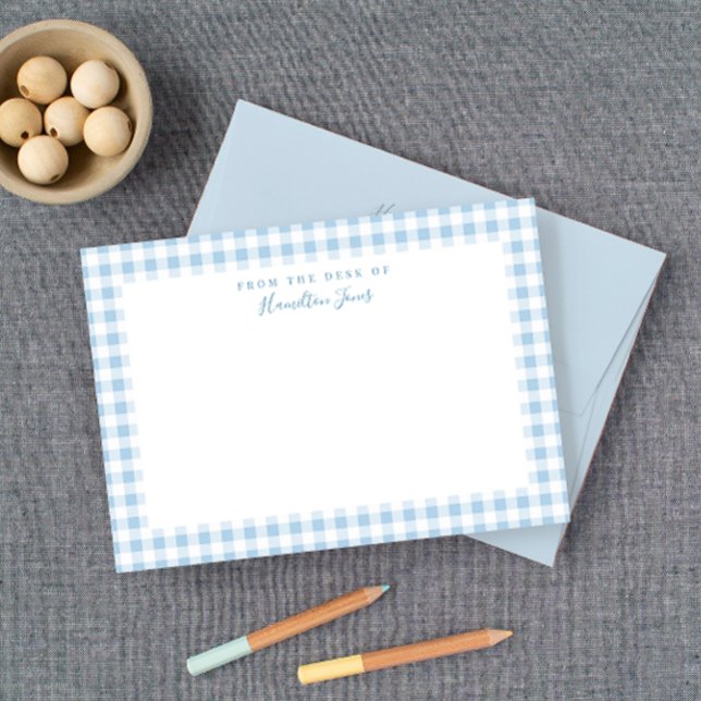 Blue Gingham Check Personal Stationery Tack Kort (Sweet baby blue gingham check with a matching blue envelope.)