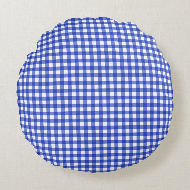 Blue Gingham Check Rund Kudde (Framsidan)