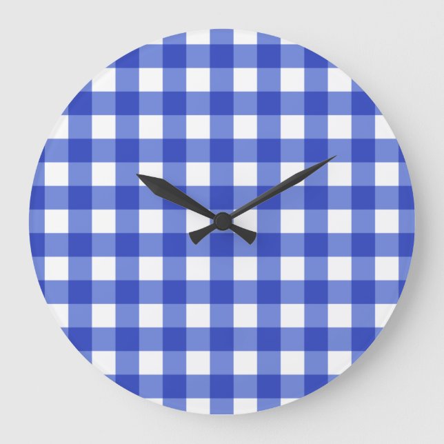 Blue Gingham Check Stor Klocka (Framsida)
