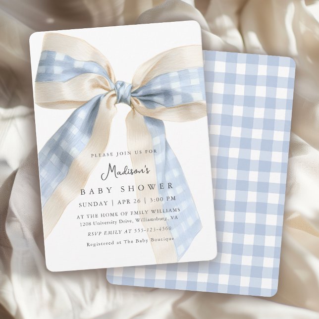 Blue Gingham Checks Bow Cute Baby Shower Inbjudningar (Skapare uppladdad)
