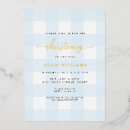 Blue Gingham Christening Gold Foil-inbjudan