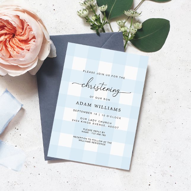 Blue Gingham Christening-inbjudan Inbjudningar (Skapare uppladdad)