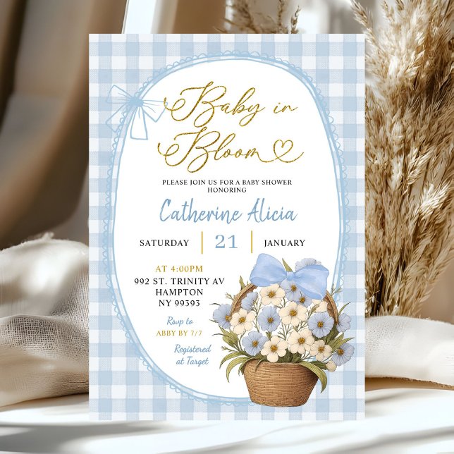 Blue Gingham Coquette Baby in Bloom Baby Shower Inbjudningar (Skapare uppladdad)