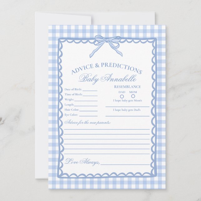 Blue Gingham Coquette Bow Advice for Baby Card Inbjudningar (Framsida)