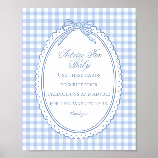 Blue Gingham Coquette Bow Advice for Baby Shower Poster (Framsidan)