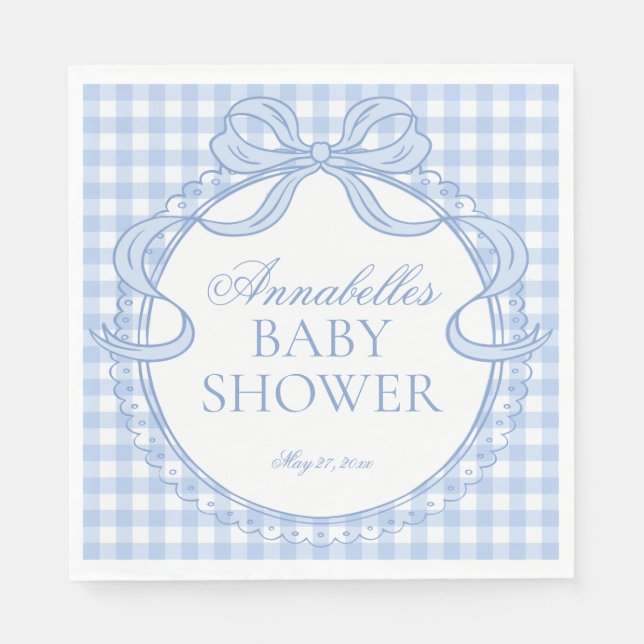 Blue Gingham Coquette Bow Baby Shower Dessert Pappersservett (Framsidan)