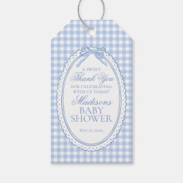 Blue Gingham Coquette Bow Baby Shower Favors Presentetikett