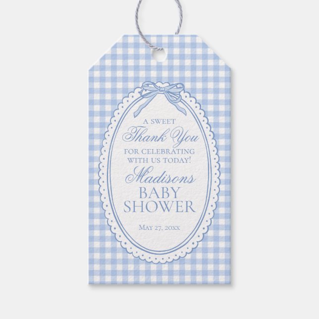 Blue Gingham Coquette Bow Baby Shower Favors Presentetikett (Framsidan)