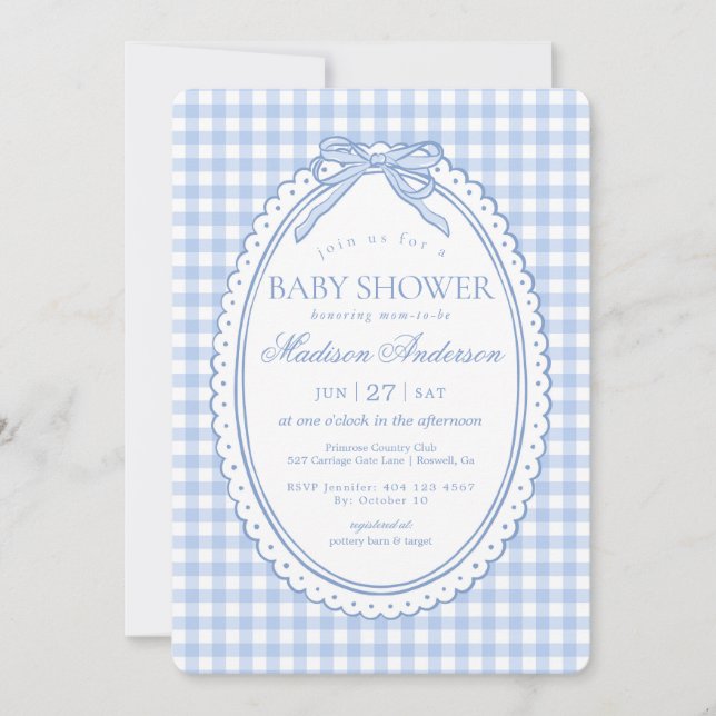 Blue Gingham Coquette Bow Baby Shower Inbjudningar (Framsida)
