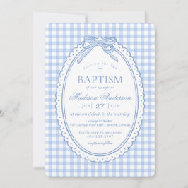 Blue Gingham Coquette Bow Baptism Inbjudningar