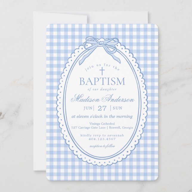 Blue Gingham Coquette Bow Baptism Inbjudningar (Framsida)