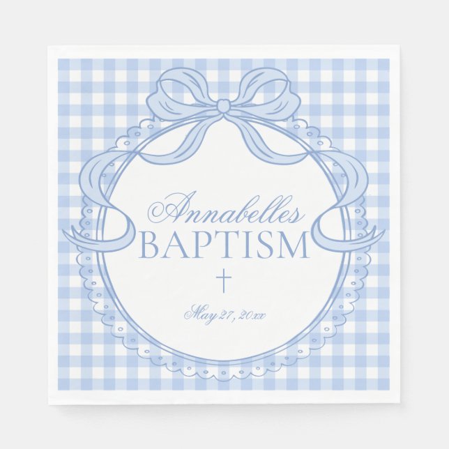 Blue Gingham Coquette Bow Baptism Table Decor Pappersservett (Framsidan)