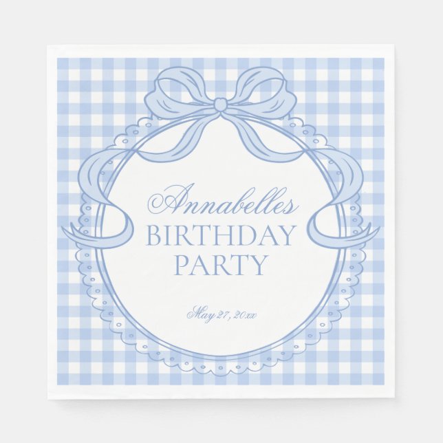 Blue Gingham Coquette Bow Birthday Party Dessert Pappersservett (Framsidan)