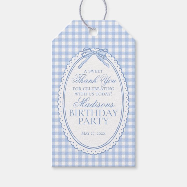 Blue Gingham Coquette Bow Birthday Party Favors Presentetikett (Framsidan)