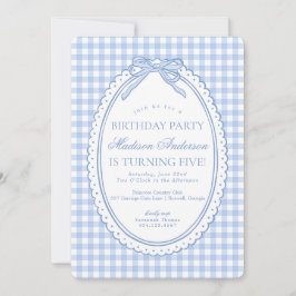 Blue Gingham Coquette Bow Birthday Party Inbjudningar