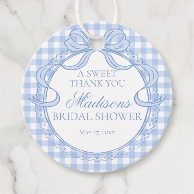 Blue Gingham Coquette Bow Bridal Shower Circle Gåvor Etiketter (Framsida)