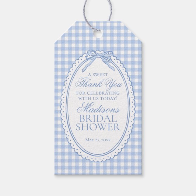 Blue Gingham Coquette Bow Bridal Shower Favors Presentetikett (Framsidan)