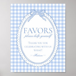 Blue Gingham Coquette Bow Favors Sign Poster