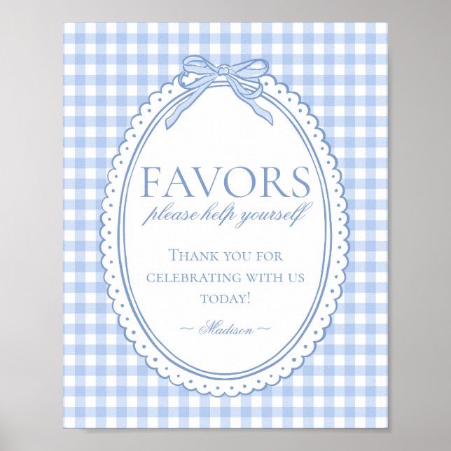 Blue Gingham Coquette Bow Favors Sign Poster (Framsidan)