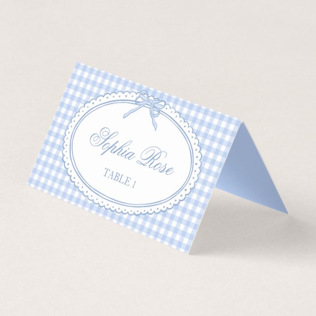 Blue Gingham Coquette Bow Place Card Table Decor Kort (Framsida)