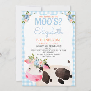Blue Gingham Cow Birthday Girl Barnyard Inbjudningar