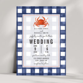 Blue Gingham Crab Bröllop Inbjudningar