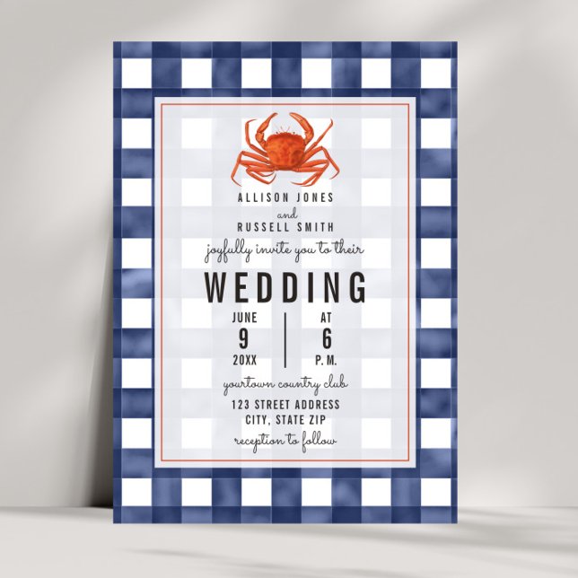 Blue Gingham Crab Bröllop Inbjudningar (Skapare uppladdad)
