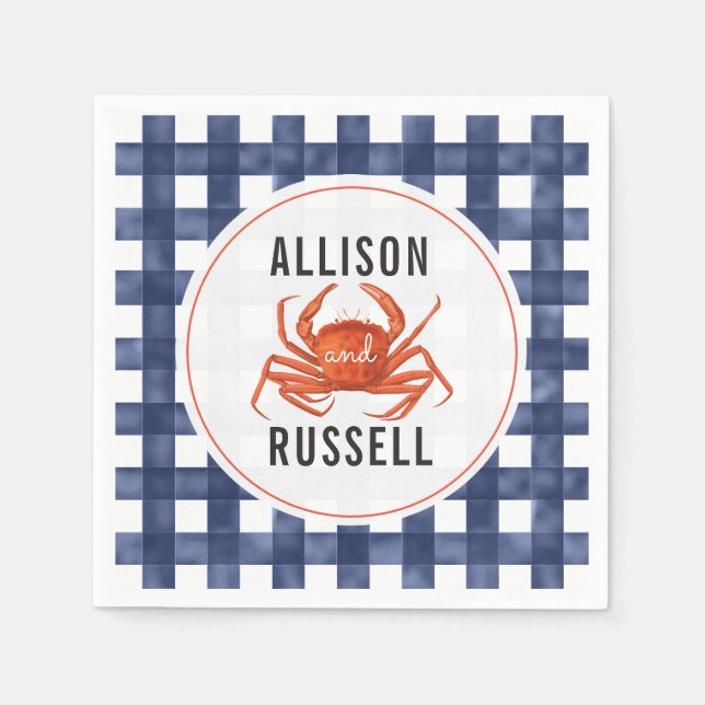 Blue Gingham Crab Bröllop Napkins Pappersservett (Framsidan)