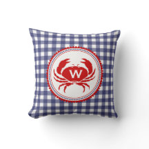 Blue Gingham & Crab Monogram Pillow