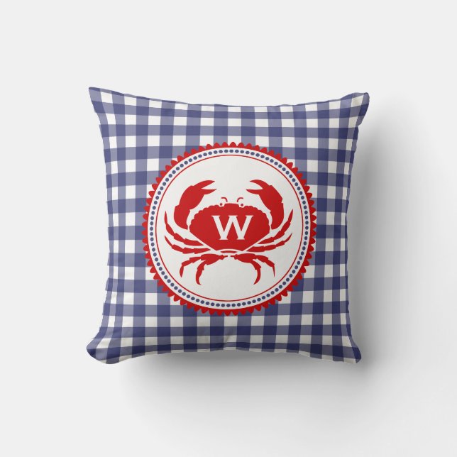 Blue Gingham & Crab Monogram Pillow Kudde (Framsida)