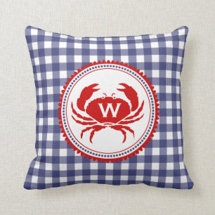 Blue Gingham & Crab Monogram Pillow Kudde