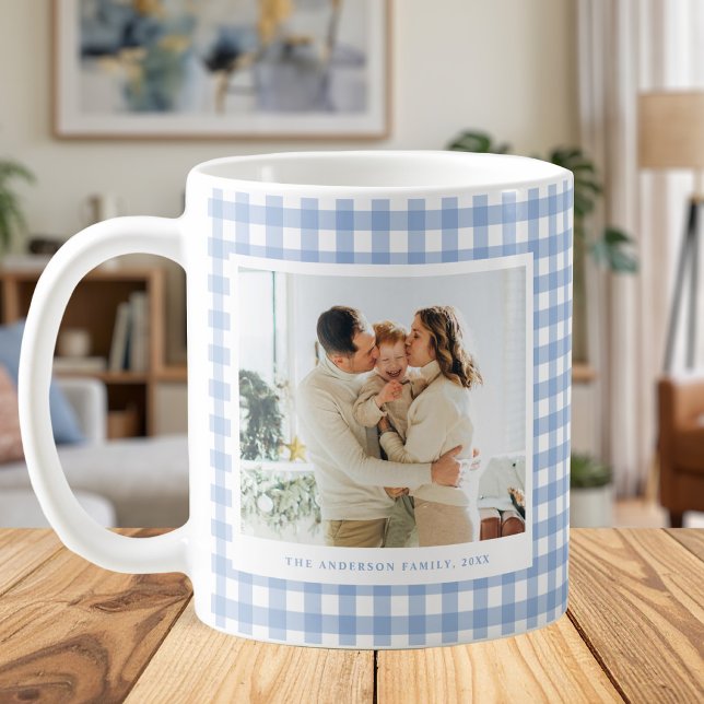 Blue Gingham Custom Photo Kaffemugg (Skapare uppladdad)