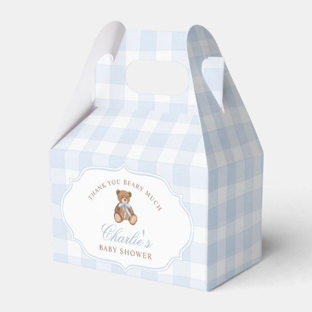 Blue Gingham Elegant Teddy Bear Baby Shower Presentaskar (Framsidan Sidan)