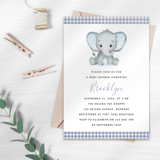 Blue Gingham Elephant Baby Shower Inbjudningar (Skapare uppladdad)