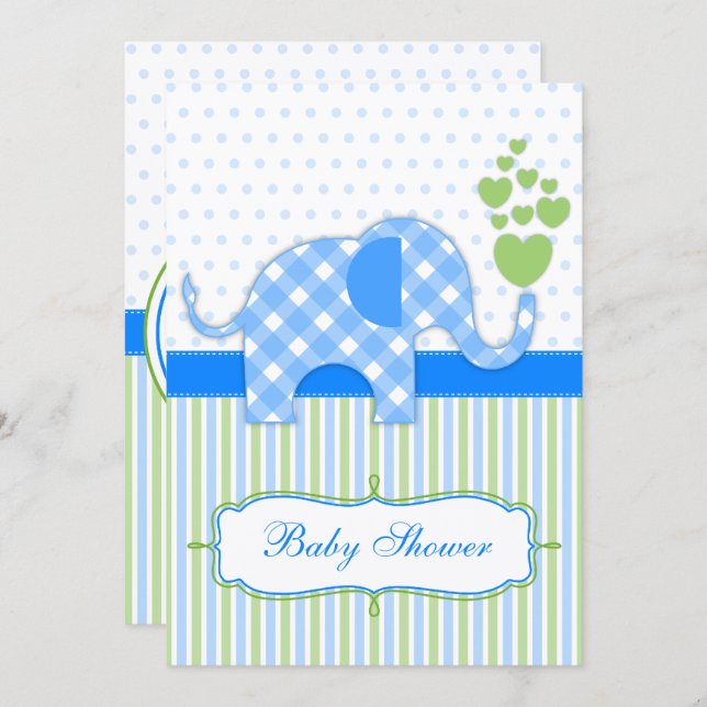Blue Gingham Elephant Baby Shower Inbjudningar (Fram/baksida)