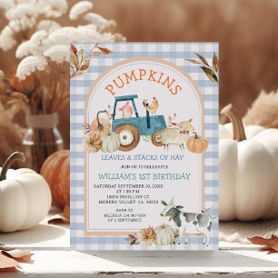 Blue Gingham Fall Pumpkin Farm Animal Birthday Inbjudningar