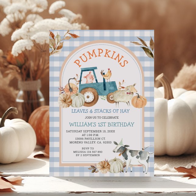 Blue Gingham Fall Pumpkin Farm Animal Birthday Inbjudningar (Skapare uppladdad)