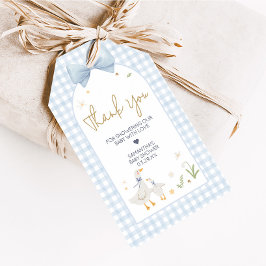 Blue Gingham Fånig Goose Baby Shower Favor Taggar Presentetikett